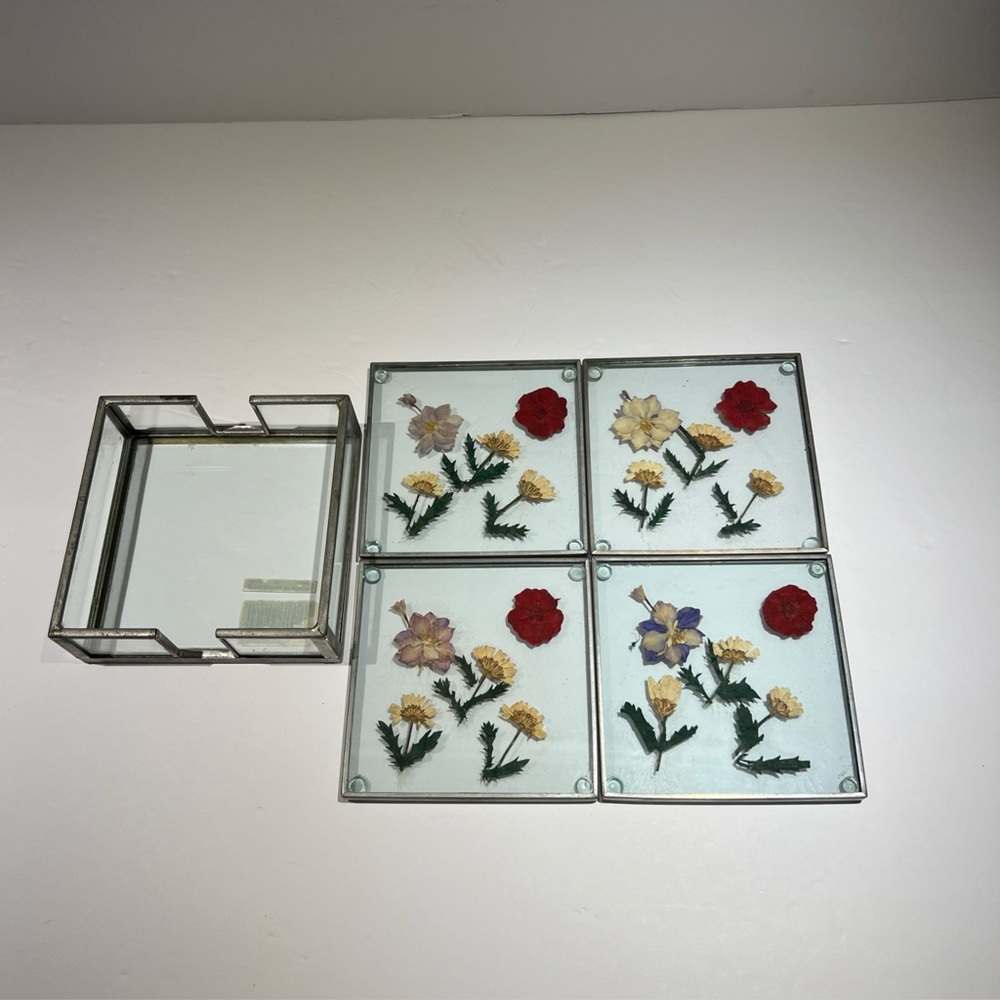 2001 Burnes of Boston Leaded Glass Pressed Flowers Set of 4 Coasters  4x4